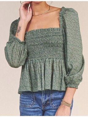 TROVATA Alize Smocked Blouse In Basil Floret Size Medium